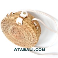 Round ata rattan women bag with white leather strap